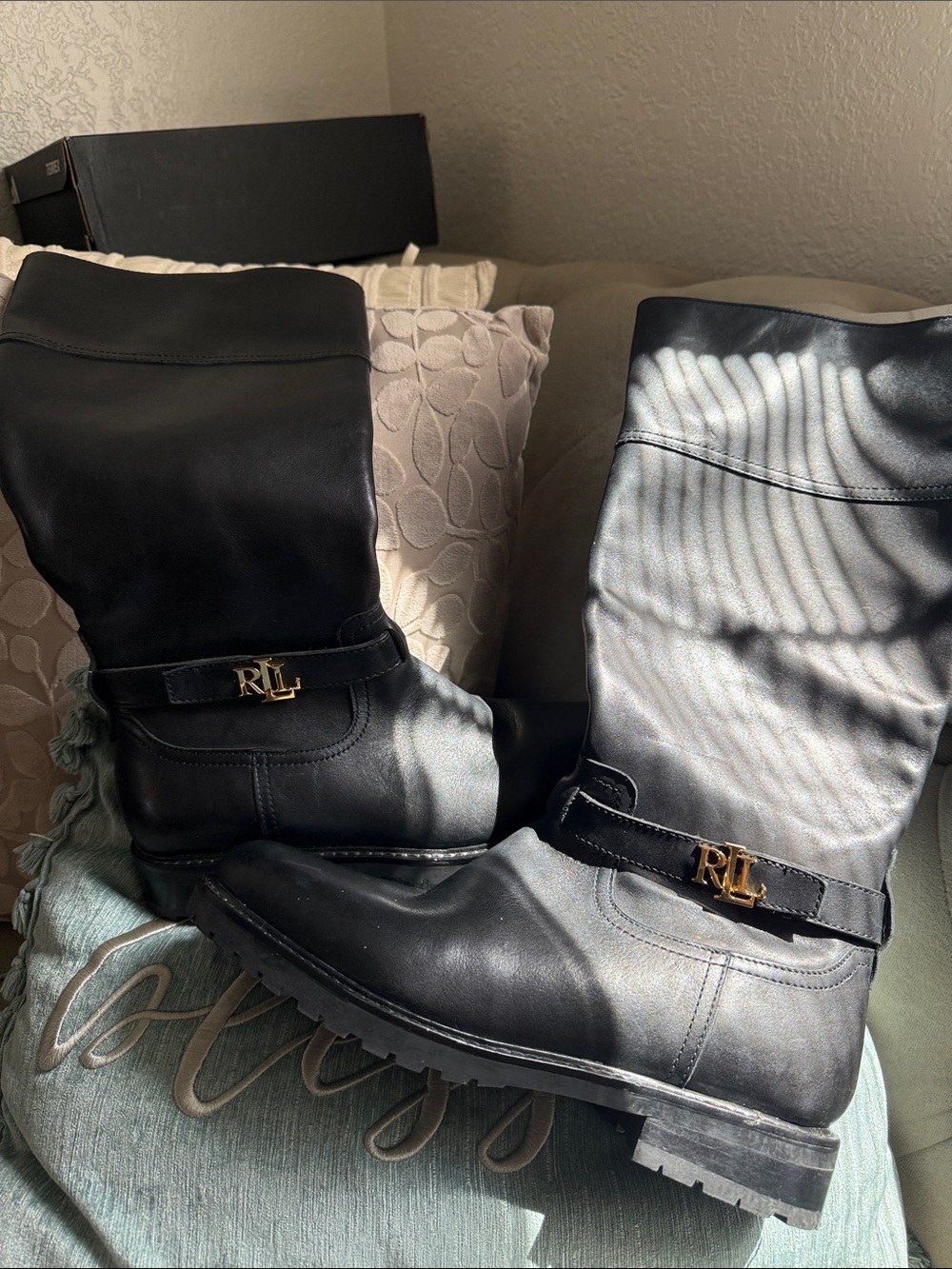 Ralph Lauren Black Leather Mid-Calf Riding Boots with RL Logo Strap